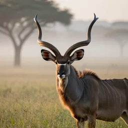 beautiful photo of a kudu with huge antlers in the bushveld in the early ours of the morning with morning fog and dew on the grass. sunrise. nature. photography. national geographic. detailed face and fur, ultra hd, sharp. volumetric lighting, hasselblad. nikon z 9. 1 0 0 mm. f / 2. 5