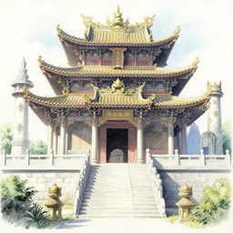 A beautiful temple in honor of ancient Feline warriors by Robert McCall and Ralph McQuarrie | sparth:.2 | Time white:.2 | Graphic Novel, Visual Novel, Colored Pencil, Comic Book:.3 | unreal engine:.5 | establishing shot