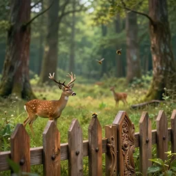 forest world with picket fence, landscape, wild life, deer, bees, cinematic lighting, epic, highly detailed, depth of field, macro, intricate ornate wood, sharpen