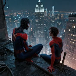 spider - man noir overlooking a ledge towards the city below in ghostpunk new york city | highly detailed | very intricate | cinematic lighting | by asher brown durand and eddie mendoza | featured on artstation