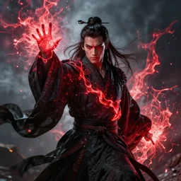 Man in a black robe blasting red plasma from his hand, HD, Professional, Amazing