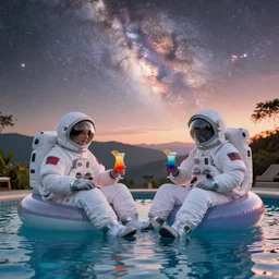 a couple of astronauts sitting on an inflatable ring and drinking a colored cocktail in a swimming pool that looks like milky - way, at sunset