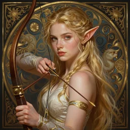 Evangeline Lilly as a fantasy elf with a bow and arrow, portrait, fantasy, intricate, elegant, highly detailed, digital painting, artstation, concept art, smooth, sharp focus, illustration, art by artgerm and greg rutkowski and alphonse mucha