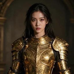 a mysterious woman wearing intricate golden armour