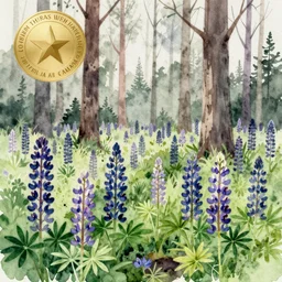 Lupine forest, high quality watercolors, award winning, trending on ArtStation