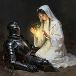 picture of cute priestess using healing magic on a wounded black - armored knight on the floor, digital painting, highly detailed, smooth, sharp contrast, digital painting, by artgerm and greg rutkowski and alphonse mucha, ukiyo - e