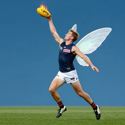 australian football player lyndon dykes with fairy wings, scoring a goal, ball is on fire