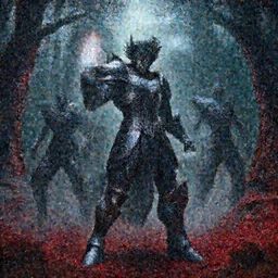 extremely detailed artwork of an armored dark figure in a dark evil forest, super sayan, glowing hands, Sauron, Ultron, speedster, fantasy art, fog, heavy armor, knights armor, cinematic pose, pose, 8k UHD, villain. set in a dark evil forest where the entire forest floor is covered in dark red leaved, blood red leaves, atmospheric fog, moon lit