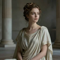 cinestill 5 0 d portrait of a beautiful dreamy woman by annie liebovitz, sitting in a hyper detailed ancient roman house, pale dramatic tonal matt, hair intricate style, wearing are intricate ancient roman dress, elegant, highly detailed, soft foggy blur, artstation, sharp focus, head in focus,