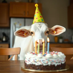 photo of a calf wearing a cone party hat with a defocused birthday cake with lit candles in the foreground, in a country home midday on a kitchen table, 8 k, 8 5 mm f 1. 8