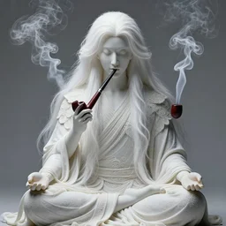 highly detailed person, long white hair made of smoke coming out from a smoking pipe, meditation, photorealistic, intricate, elegant.