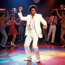 john travolta as white suited tony manero in saturday night fever dancing at a disco with an multicolored illuminated floor, cinematic, 1 9 7 0 s style