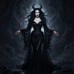 style of mikko lagerstedt : : gorgeous willa holland : : evil witch, swirling black magic, black dress : : symmetrical face, symmetrical eyes : : full body pose : : gorgeous black hair : : magic lighting, low spacial lighting : :