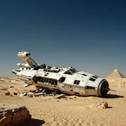 spaceship wreckage in an empty landscape in ancient egypt by martin deschambault, dean ellis, peter elson, chris foss, josan gonzalez, david a hardy, john harris, wadim kashin, angus mckie, bruce pennington, retro 1 9 6 0 s sci - fi art