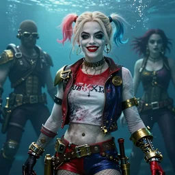 underwater pirate steampunk portrait of emma stone as harley quinn, hyper detailed, digital art, cinematic lighting, studio quality, smooth render, unreal engine 5, octane rendered, art style by klimt and nixeu and ian sprigger and krenz cushart.