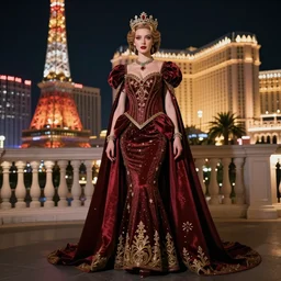 full length portrait, duchess of blood, night shot of las vegas in background, highly detailed, CGsociety, subtle, concept art, HDR, hyper realistic, volumetric lighting, subsurface scattering, unreal