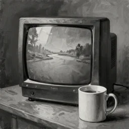 a black and white oil painting of a crt television next to a mug