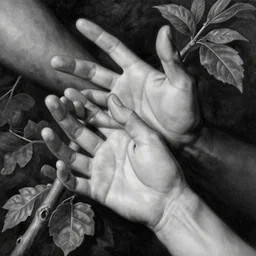 highly detailed beautiful black and white oil painting of hands, gesture, branches and leaves, dynamic lighting, harmony, beauty, masterpiece, art by durero, by riccardo federici, by james jean, by craig mullins, by greg tocchini, by greg rutkowski, by alphonse musha, illustration, ink draw, spatula, splash, pen,