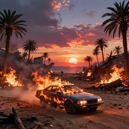 wide shot epic car on fire post apocalyptic landscape wasteland miami desert fire craters natural disasters miami beach sunset fucked up palm trees landscape on fire 80s retrowave unreal engine fallout style far cry