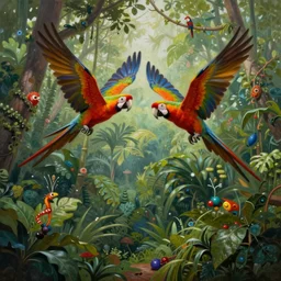 a beautiful painting of two macaws flying over the amazon jungle, matte painting, fantasy art, ayahuasca, highly detailed