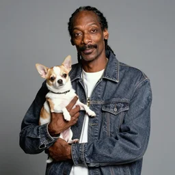 Snoop Dogg holding a chihuahua for a 1990s sitcom tv show, Studio Photograph, portrait, C 12.0