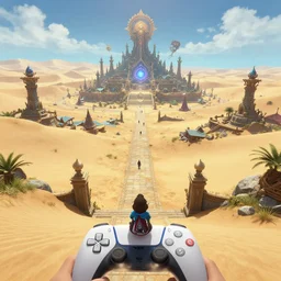 the entrance of the beautiful isolated sacred spiritual fantasy alien village in a vast sand desert, 3 rd person action adventure, screenshot, gameplay, final fantasy, square enix, jrpg, cutscene, unreal engine, 4 k, ultra high settings, rtx, next gen graphics, playstation 5