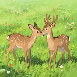 two deer nuzzling each other in a field of flowers, art by Makoto Shinkai