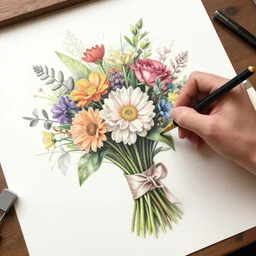 pov image of hand sketching a bouquet of flowers, accurate. highly detailed. realistic. by artgerm and magali villanueve and michael whelan, artstation, 4 k
