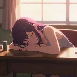 Tired anime girl sleeping on chair with head on desk, in front of windowwarm lighting, anime fan art style, magical fantasy, pink lighting, trending on DeviantArt