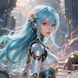 beautiful portrait of a sci woman with mecha implants with floral blue pastel flowy long hair facing the camera in the style of a code vein character, momo from twice in code vein in the style of wlop, artgerm, yasutomo oka, yuumei, rendered in unreal engine and redshift octane, background is surrounded by epic sci fi landscape by simon stalenhag, digital art dynamic dramatic lighting, soft lighting, imagine fx, artstation, cgsociety, by bandai namco artist,