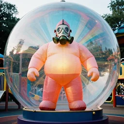 a staggeringly colorful beautiful photograph of a humongous skinless man wearing a squid gas mask and hugely inflated standing on a podium, illuminated uplighting strongly from the playground. radially expanding into a glass sphere. 3 5 mm film, perfect focus, amazing chromatic hallucinatory experience.