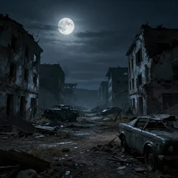 an 8 k photograph of an ominous decaying miltary wasteland at night, the moon - light is the only light, war - torn buildings, war - zone hyperrealism photorealistic photography hyper real resolution cinematic, beautiful, vray, octane render - g