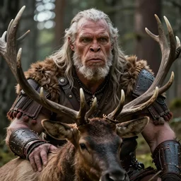 vfx movie closeup detailed ancient warrior orc hunting elk in the forest, natural lighting by emmanuel lubezki