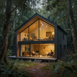 cozy ultra modern home in the woods moody lighting, highly detailed, painting by zdzisław beksinski and norman rockwell and greg rutkowskiweta studio, and lucasfilm