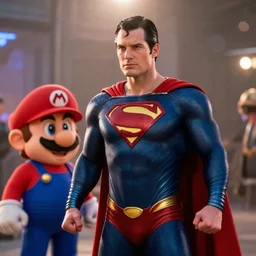 moviestill of man of steel with super mario! super mario! as superman, movie still, cinematic lighting, ray tracing, octane render, long lens, shallow depth of field, bokeh, anamorphic lens flare, 8 k, hyper detailed, 3 5 mm film grain