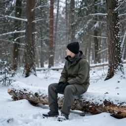 survival in a winter forest, cinematic, cold tone, guy sitting down on log