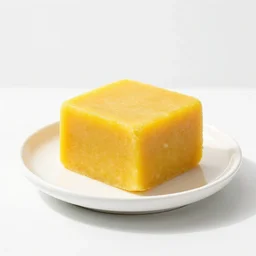 yellow cake on a plate, white wall background, food photography