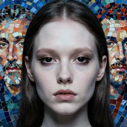 wide angle cinematic portrait of a pale girl with three black eyes and dark hair, ultrarealistic face with cold fashion studio dramatic lighting by monia merlo and mikhail vrubel, vivid mosaic brushstrokes in background, closeup 4k