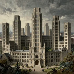 A mysterious brutalist city by Hieronymus Bosch