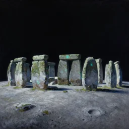 stonehenge on the moon surface, dark background, by marianne north, by android jones, hyperrealistic digital bioluminiscent oil painting,, octane render, high contrast