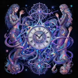chromatic melting clockwork biological psychedelic realm possessed by astral beings trying to escape the end of time while wrapping around each other in a significantly meaningful exodus wlop lisa frank andree wallin