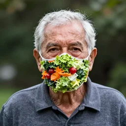 an elderly man wearing a mask made from salad, bold natural colors, national geographic photography, masterpiece, 8 k, raw, unedited, symmetrical balance