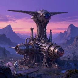 sci - fi, alien landscape old machines, old starships, mountains, astronauts, sunset, purple, pink, blue, deep focus, fantasy, intricate, elegant, highly detailed, digital painting, artstation, concept art, matte, sharp focus, illustration, art by artgerm and greg rutkowski