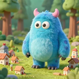 a hyperrealistic 3 d render of a friendly monster by ‘ where the wild thing are ’, with a miniature village and forrest - n 6