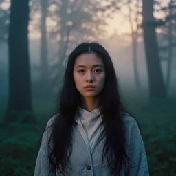 portrait bust of young woman, tarkovsky, film grain, kodachrome, dense forest, long black hair, cloth, heavy fog, hudson river school, 4 k, dramatic lighting, sunrise, hayao miyazaki, masashi ando, nizou yamamoto, kazuo oga, joe hisaishi, yoji takeshige, naoya tanaka