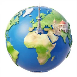 a vector globe illustration with famous 3 d touristic landmarks on it, 3 d render, 3 d model, smooth, ray tracing, illustration, in the style of shkret