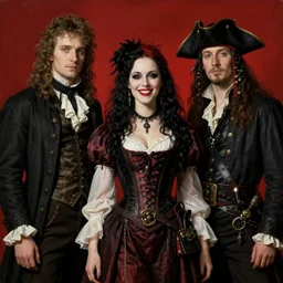 solomon joseph solomon and richard schmid and jeremy lipking victorian genre painting portrait painting of a happy young beautiful woman punk rock goth girl german french actress model pirate wench in fantasy costume, red background