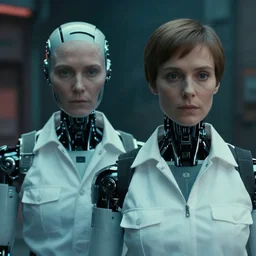vfx film closeup portrait, humanoid robot detective couple squad in blade runner 2 0 4 9 slums, flat color profile, low - key lighting, award winning photography, arri alexa cinematography, hyper real photorealistic cinematic, atmospheric cool colorgrade