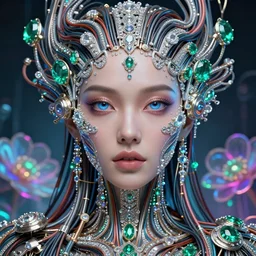 very beautiful woman integrating with technology, full face frontal centered, portrait, insipiring, detailed intricate ornate cables connected to head, big open electric eyes, luxurious detailed abundent wiring and implants, diamonds, sci - fi, neon, emeralds, detailed technology full background with cyber flowers, highly detailed, artstation, cgsociety, 8 k rene lalique and eddie mendoza