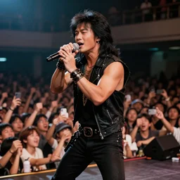 a chinese idol heavy metal singer on stage in the 1 9 7 0 s, live venue, violent mosh pit crowd audience, professional photography, highly detailed, stunning lighting, artstation, realistic face and anatomy, by thomas kinkade and greg rutkowski